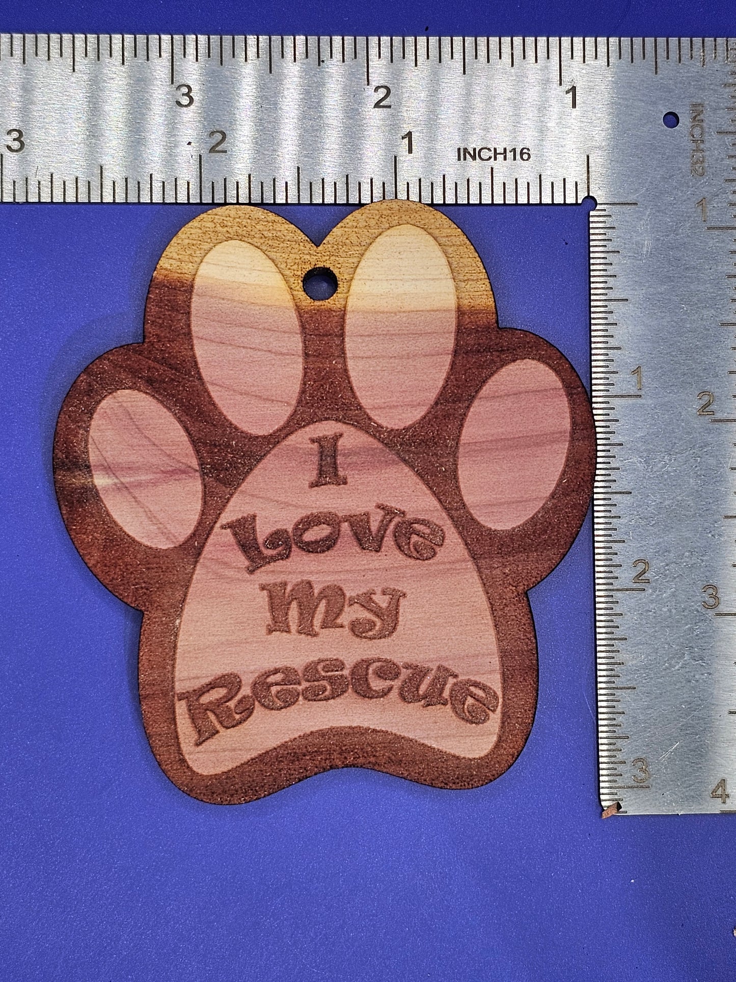 I Love My Rescue (paw print shape) Cedar Ornament