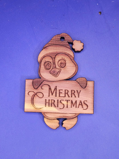 Penguin Merry Christmas Cedar Ornament