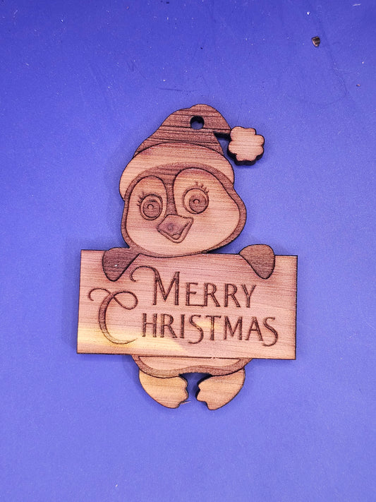 Penguin Merry Christmas Cedar Ornament
