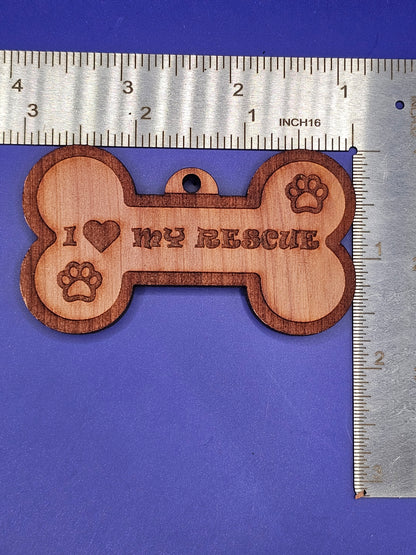 I Love My Rescue (bone shape) Cedar Ornament