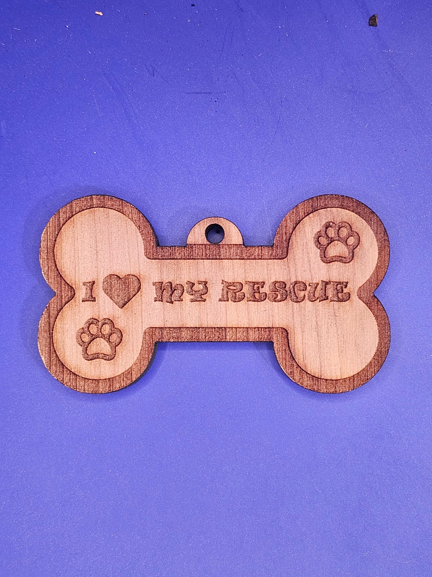 I Love My Rescue (bone shape) Cedar Ornament