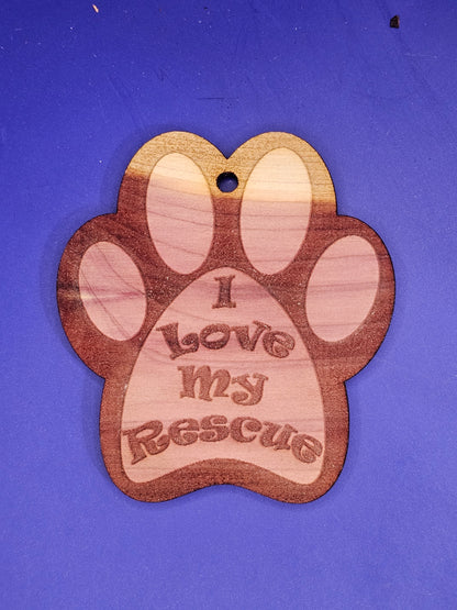 I Love My Rescue (paw print shape) Cedar Ornament